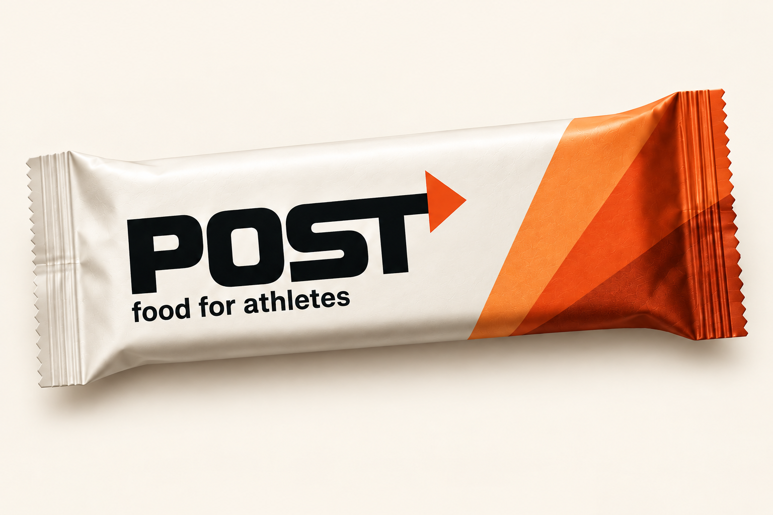 POST bar packaging concept: cream wrapper, bold black POST logo with an orange arrow, and angular orange accents.